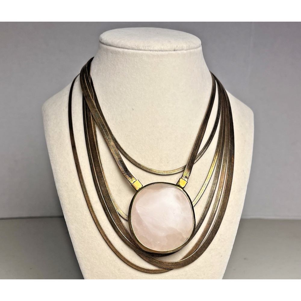 Lena Bernard Multi Strand Herringbone Necklace Rose Quartz Pendant Gold Tone VTG - Picture 2 of 12